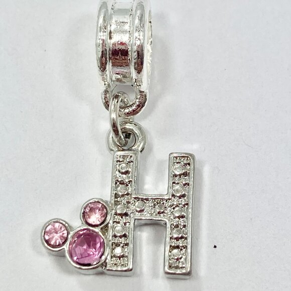 Vtg Disney Pink Crystal Mickey Mouse Ears European Slide Charm Initial Letter H - Picture 2 of 6